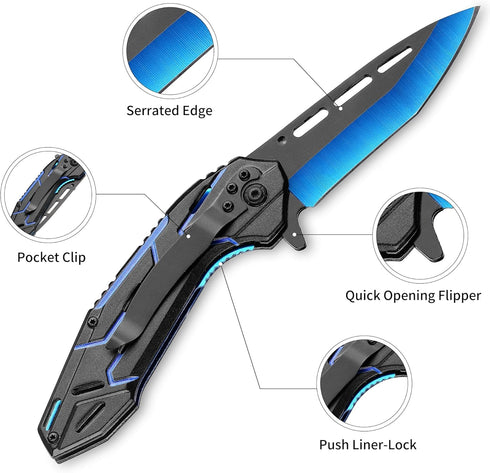 3.3" Pocket Knife, Folding Knife, 8Cr15MoV Stainless Steels Blade, Aluminum Alloy Handle, Blue Devil Design, 2024 Outdoor Gadget Gift...