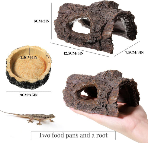 Reptile Hide, Reptile Food Bowls, Lizard Resin Hollow Tree Trunk Hideout, Bearded Dragon Tank Accessories Reptile Water Dish Habitat Tank Decorati...