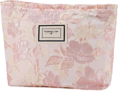 Flower Makeup Bag Travel Large Floral Cosmetic Bags for Women Cute Makeup Pouch Zipper Cosmetic Pouch for Purse Embossed Pink Aesthetic Makeup Org...