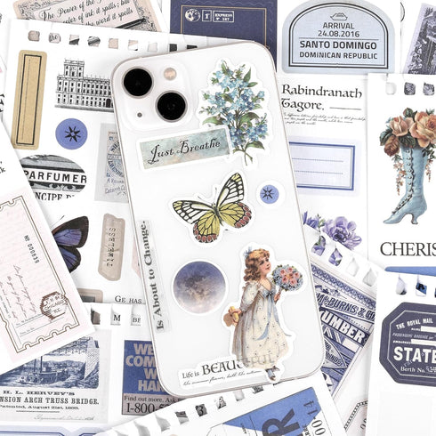 RISYPISY 473PCS Vintage Washi Sticker Book for Scrapbookling - 50 Sheets Blue Pre-cut Journaling Stickers, Ephemera for Junk Journal Supplies DIY ...