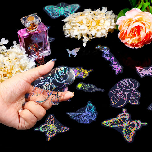 Suclain 180 Pcs Holographic Glitter Butterfly Sticker Set Waterproof Plant Decorative Flower Decal Glitter Adhesive Sticker for Scrapbooking Journ...