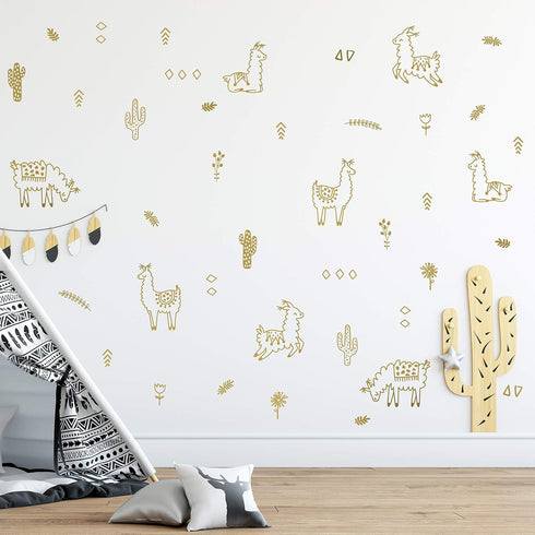 Alpaca Animal and Cactus Wall Decal. Peel and Stick for for Kids, Baby Bedroom Nursery and Living Room. 50 pcs Vinyl Wall Stickers (Gold)...