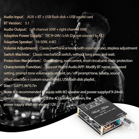 ZK-502A 2.0 Bluetooth 5.0 Amplifier Board 50W*50W with APP Control?Android Only?,100W Bluetooth Audio AMP Board for DIY Bluetooth Speaker Kit DC9-...