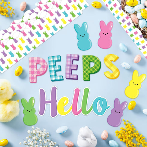 108Pcs Easter Hello Peeps Cutouts Bulletin Board Set Easter Bunny Peeps Paper Cut-Outs Easter Day Bunnies Trim Border Bulletin Board for School Cl...