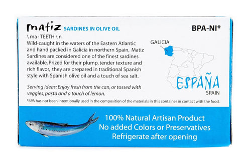 Matiz Sardines in Olive Oil, 4.2 Ounce Can, Spanish Gourmet Wild Caught Natural Fish for Tapas, Snacks, or Meals, Protein Rich, Sealed Freshness...