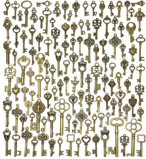 125 PCS Vintage Skeleton Key Set Charms, JIALEEY Mixed Antique Style Bronze Brass for Pendant DIY Jewelry Making Wedding Party Favors...