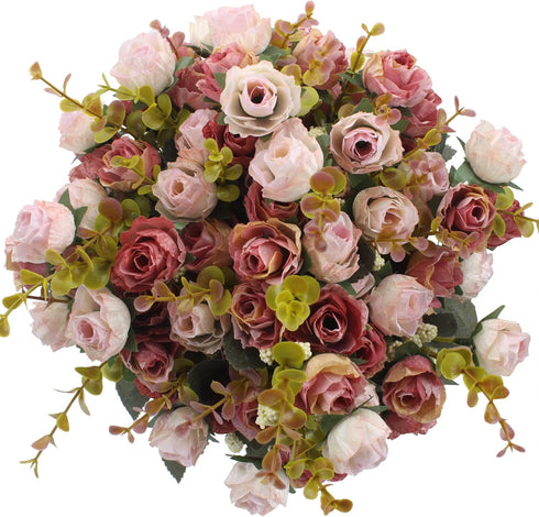 Duovlo 7 Branch 21 Mini Rose Heads Artificial Flowers Bouquet Wedding Home Office Decor,Pack of 4 (Pink)...