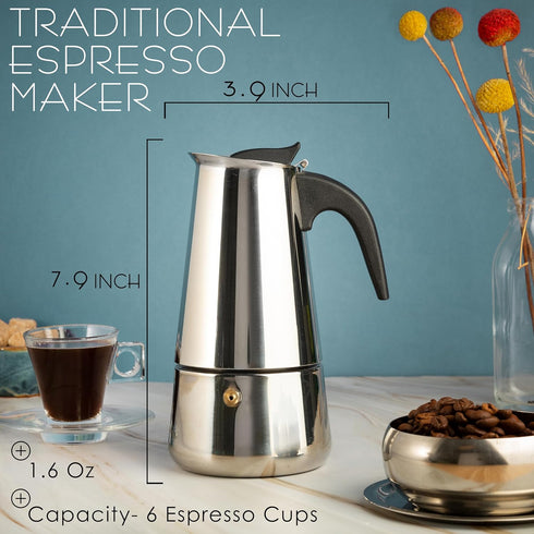 Mixpresso 6 Cup Greca Stovetop Espresso Pot 300ml/10oz, Moka Pot with Coffee Percolator Design, Stainless Steel Stove Top Coffee Maker for Camping...