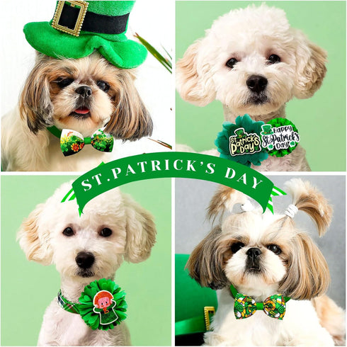 24pcs St.Patrick's Day Dog Bow Ties, Adjustable Green Pet Small Dog Collar Attachment Grooming Bowties, Lucky Clover Dog Bow Ties for Holiday Fest...