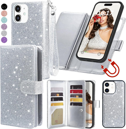 Varikke for iPhone 11 Wallet Case Detachable with Card Holder for Women Girls, Fashion Glitter PU Leather Wrist Strap Strong Magnetic Flip Wallet ...