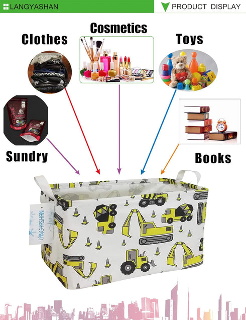 LANGYASHAN Rectangular Storage Bin Collapse Canvas Fabric Cartoon Storage Basket with Handles for Organizing Home Kitchen Boys and Girls Toys Offi...
