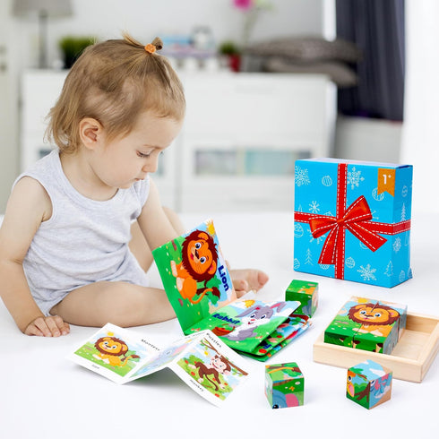 Wooden Animals Block Puzzles for Kids Ages 2-4 with Book, Jigsaw Puzzles Preschool Learning Educational Interactive Toys Gift for Boys Girls, Wood...