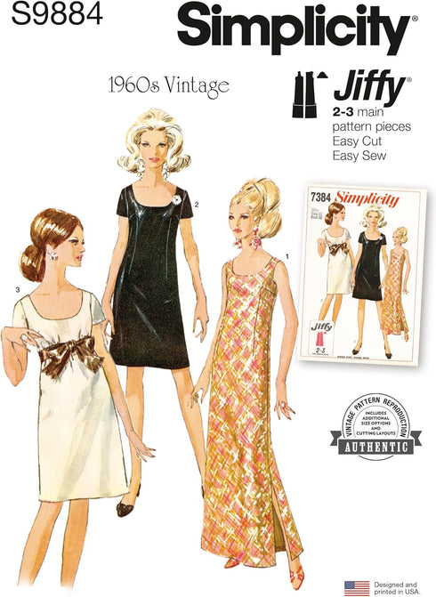 Simplicity Misses' Vintage 1960's Collarless Dress Sewing Pattern Packet, Design Code S9884, Sizes 6-8-10-12-14...