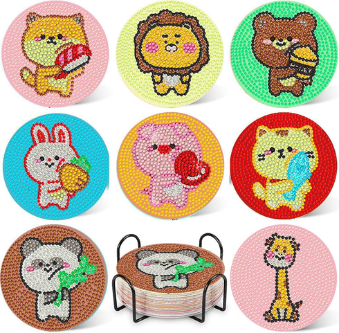 DOTSOPS 8 Pcs Cartoon animal Diamond Painting Coasters Kits with Holder - DIY Diamond Art Coaster - Non Slip Coaster for Adults Diamond Painting K...