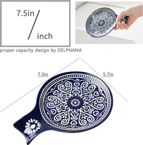 Ceramic Spoon Rest, Cooking Spoon Holder for Kitchen Counter/Stove Top/Dining Table Modern Farmhouse Decorative, Large (Blue)...