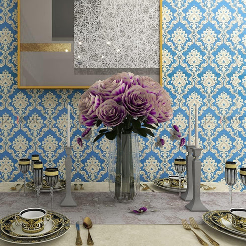 039 Peel and Stick Damask Wallpaper 17.7in×9.8ft Blue/Beige Removable Contact Paper Self Adhesive Vinyl Film for Drawer Furniture Renovation and H...