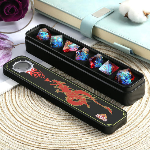 Shiny D&D Dice,DNDND Handmade Double Layers Sharp Edge Die with Gift Case for D&D Dungeons and Dragon Games (Red and Blue)...