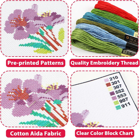 ZOIIWA 6PCS Cross Stitch Kits for Beginners DIY Embroidery Kit for Kids Adults Mother's Day Birthday Gift Spring Summer Flower Needlepoint Pattern...