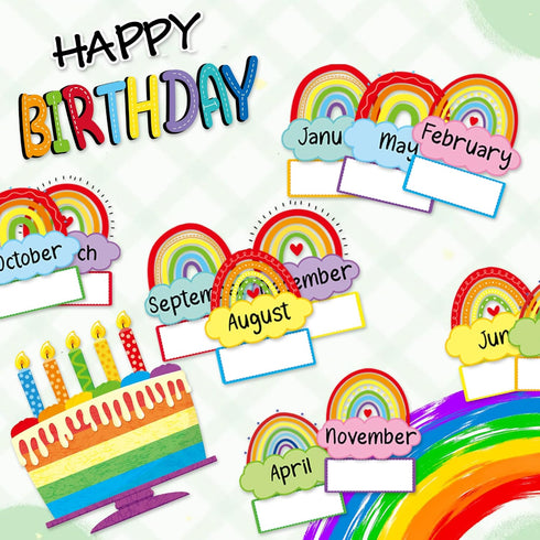 Rainbow Happy Birthday Bulletin Board Rainbow Holiday Birthday Board Sign Let's Celebrate Happy Birthday Rainbow Cloud Accents Cutouts for Calenda...