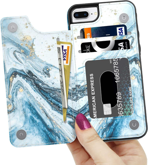 LETO for iPhone 8 Plus Case,iPhone 7 Plus Case,Flip Folio Leather Wallet Case Cover with Opal Blue Marble Designs for Girls Women,Card Slots,Prote...
