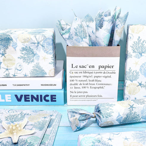 Whaline 100 Sheets Ocean Tissue Paper Sea Shell Starfish Gift Wrapping Paper Coastal Beach DIY Art Craft Tissue Paper for Summer Wedding Birthday ...