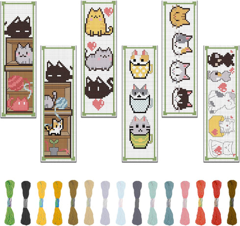 FREEBLOSS 6 Set Cross Stitch Bookmark Kit Counted Cross Stitch Kit Embroidery Bookmarks with Instruction Cartoon Cat Embroidery Kit for Beginners ...
