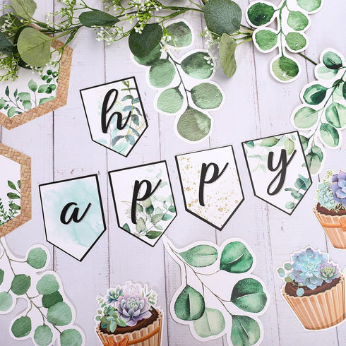 Whaline 49 Pieces Eucalyptus Bulletin Board Set Happy Birthday Banner Simply Boho Bulletin Board Decor Boho Greenery Calendar Cutout Decorations f...