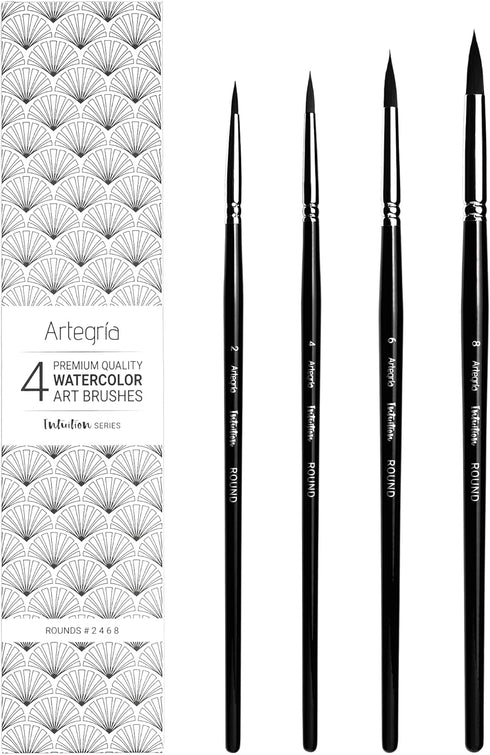 ARTEGRIA Watercolor Brush Set, 4 Professional Pointed Round Soft Synthetic Squirrel Paint Brushes, Sizes # 2, 4, 6, 8...