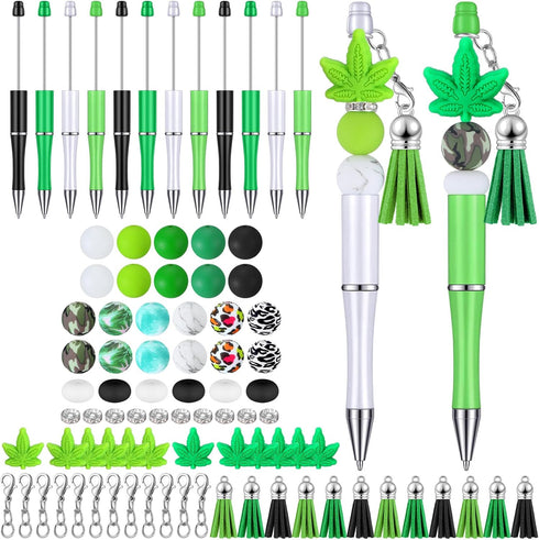 Teling 12 Pcs Beadable Pens Plastic Black Ink Ballpoint Pen with Assorted Spacer Beads Silicone Beads and Tassels and 12 Pcs Lobster Clasps for Of...