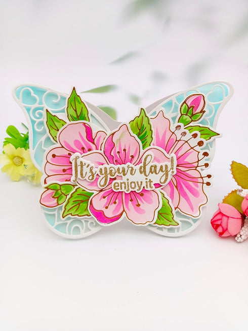 Alinacutle 1pc Cherry Flower Clear Stamps & 4pc Layering Stencil & 1set Coordination Frame Metal Cutting Die for Handmade Card Making Album Paper ...