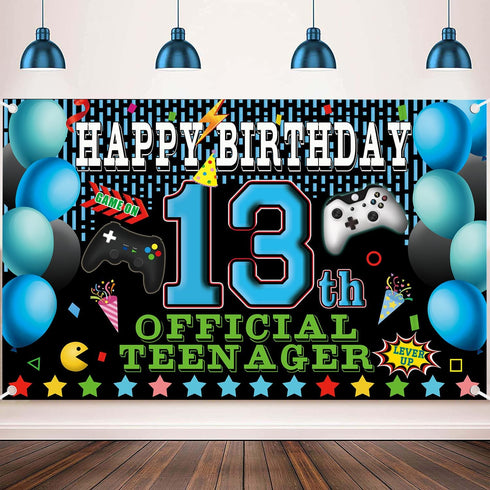13th Video Game Happy Birthday Decorations Backdrop Banner, 13th Official Teenager Birthday Party Decorations Photo Background 13th Backdrop for B...