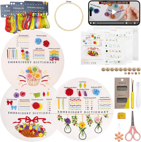 VIVAwisdom Embroidery kit Beginner?DIY Cross Stitch Kits for Beginners Adults?3 Sets Embroidery kit with Helpful Video tutorials and Clearly Instr...