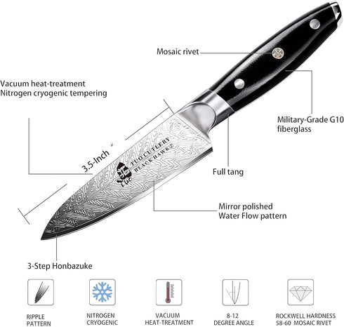 TUO Paring Knife 3.5 Inch - Ultra Sharp Peeling Knife - High Carbon Stainless Steel - Full Tang G10 Handle with Gift Box - Black Hawk S Series...