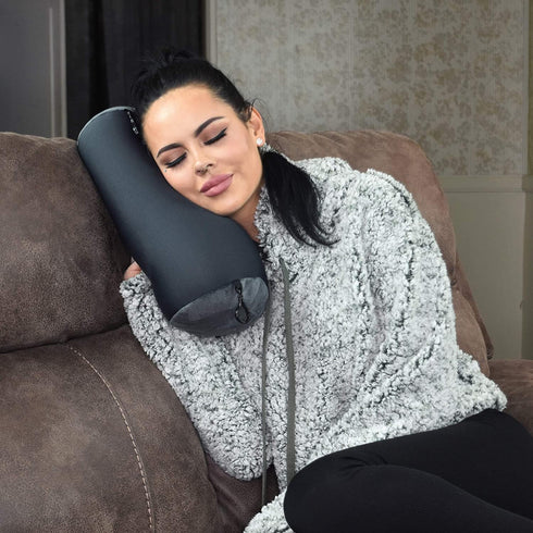 Microbead Bolster Tube Travel Pillow - Compact Neck Roll Pillow for Airplane, Car, or Home - Soft Lumbar Support Pillow - Navy...
