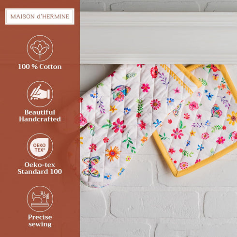 Maison d' Hermine 100% Cotton Oven Mitt & Pot Holder Set (7.5"x13" & 8"x8") Heat Resistant BBQ Cooking Gloves with Loop, Grilling, Kitchen, Handli...