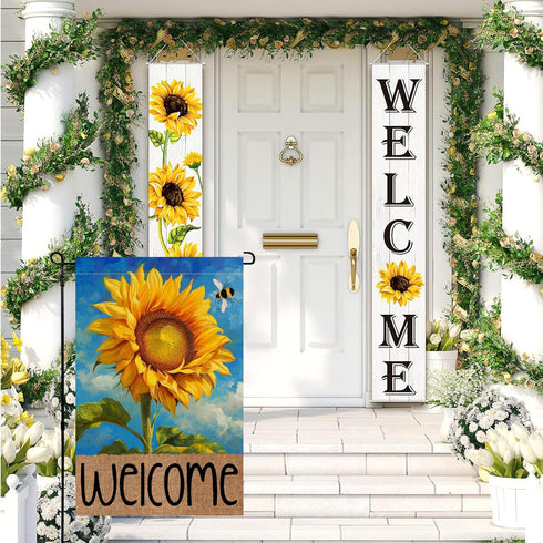 4TH Emotion Summer Sunflower Garden Flag 12x18 Double Sided for Outside, Spring Welcome Bumble Bee Small Burlap Yard Flag for Outdoor Holiday Deco...