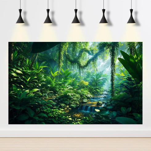 Aquarium Background Fantasy Jungle Plants Waterfall Background Tropical Rainforest Terrarium Background Stream Sunlight Green Leaves Reptile Habit...
