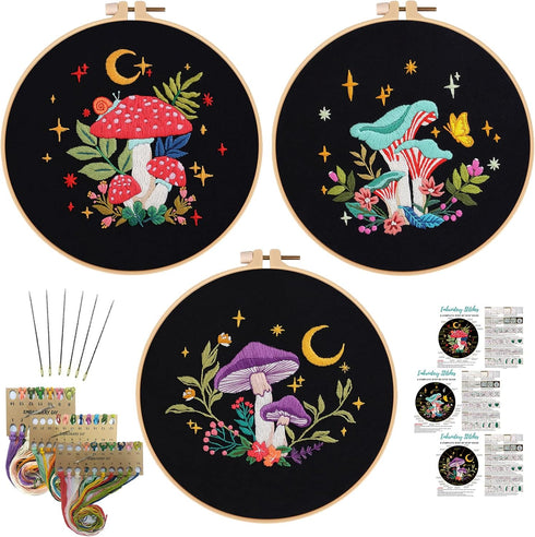 Nuberlic 3 Pack Embroidery Kit for Beginner Adults, Stamped Cross Stitch for Embroidery Starters with Mushroom Patterns Include 3 Embroidery Hoop,...