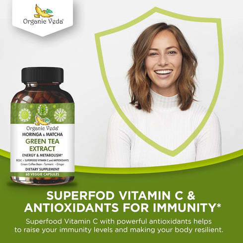Organic Veda Moringa & Matcha Green Tea Extract Supplement with ECGC, Vitamin C & Antioxidant - Energy Boost & Metabolism Support Moringa Capsules...