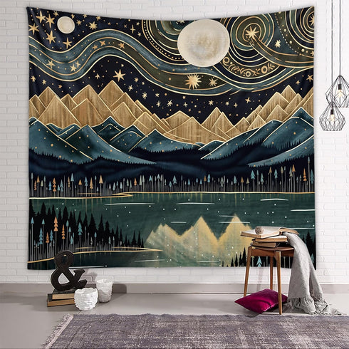 Tapzen Mountain Forest Tapestry (60x40 inches, Boho, Landscape, Polyester, Green-Blue, Unframed, Wall Mount) - Nature Wall Art for Bedroom Decor...