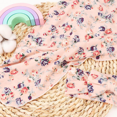 BQUBO Baby Girl Newborn Receiving Blanket with Bow Hat Headband Wooden Birth Announcement Card Set Baby Floral Print Nursery Swaddle Wrap...