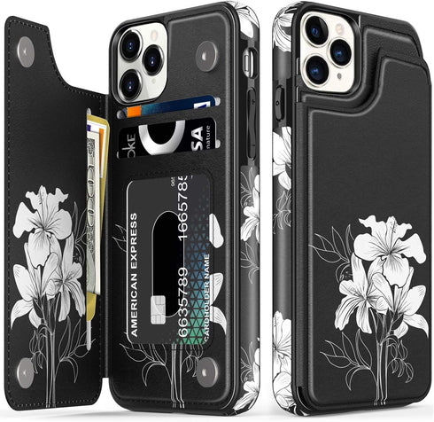 LETO for iPhone 11 Pro Max Case,Leather Wallet Case Flip Folio Cover with Fashionable Flower Designs for Girls Women,Card Slots,Protective Phone C...