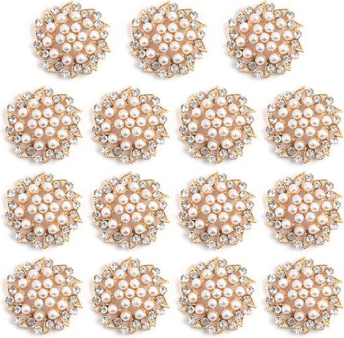 AUEAR, 15 Pack Gold Rhinestone Pearl Flower Buttons Pearl Flatback Crystal Button Embellishments for Jewelry Making Clothing DIY Craft...