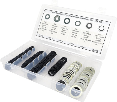 100PCS 6 Sizes Engine Oil Drain Plug Gaskets, Washer Assortment Kits Replace 097-836CD, F5TZ-6734-BA, 097-119, 097-115, 097-139, 097-146, 097-021,...