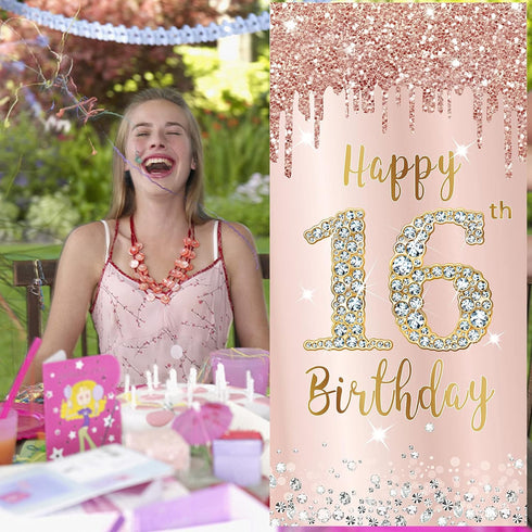 16th Birthday Door Banner Decorations for Girls, Pink Rose Gold Sweet 16 Birthday Door Cover Backdrop Party Supplies, Large Happy Sixteen Year Old...