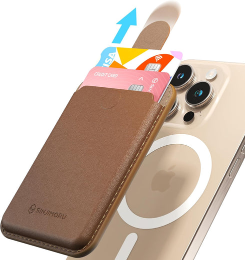 Sinjimoru Pull & Eject Magnetic Wallet for iPhone, Vegan Leather Magnetic Card Holder, Compatible with MagSafe Wallet, M-Pull Tab Wallet Brown...