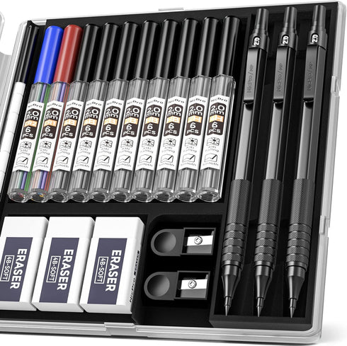Nicpro Black Metal 2.0 Mechanical Pencil Set with Case, 3 PCS Drafting Lead Holder with 2mm Graphite Lead Refill (HB 2H 4H 2B 4B) & Colors, Sharpe...