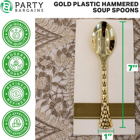 Party Bargains Disposable Hammered Cutlery Soup Spoons, 40 Count, Gold, Heavy Duty Plastic Flatware Cutlery Utensils, Excellent for Weddings, Birt...