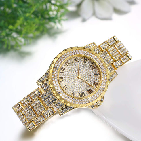 JewelryWe Men Women Watches Stylish Rhinestone Round Quartz Watch Gold Plated Stainless Steel Wristwatch for Valentine’s Day...
