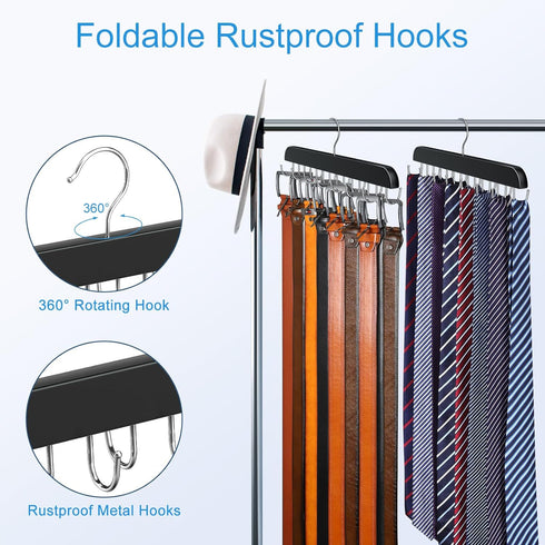 Belt Hanger for Closet Max 42 Belts, Sturdy Wood Belt Rack Closet Accessories with 14 Hooks Belt Organizer for Closet Organizers and Storage -Blac...